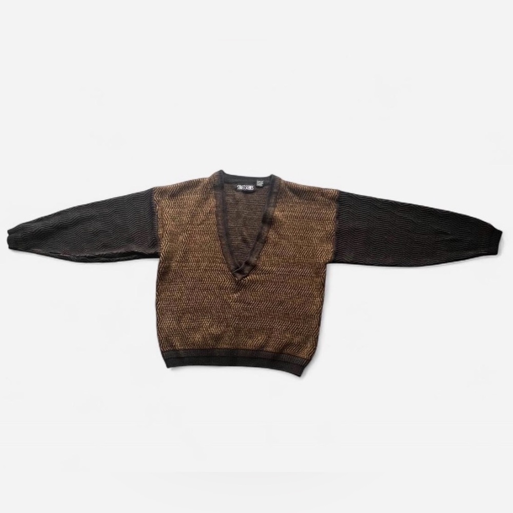 Vintage 90’s Street Scenes Acrylic Deep V-Neck Brown & Black Sweater Men’s S - Picture 3 of 5